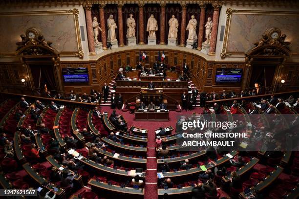 French Labour Minister Olivier Dussopt addresses the French Senate during a session to examine the government's proposed pension reform in Paris on...