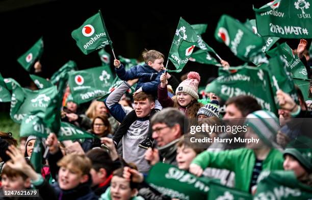 Dublin , Ireland - 2 March 2023; Ireland supporters during an Ireland Rugby open training session at the Aviva Stadium in Dublin.