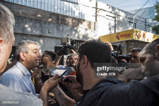 Pablo Javkin , mayor of Rosario, speaks with the press in front of a supermarket belonging to the family of Antonela Roccuzzo, the wife of Argentine...