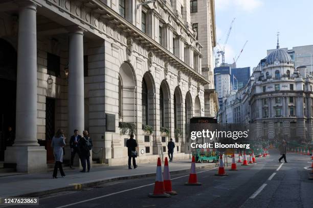 Roadworks outside The Ned hotel in the City of London, UK, on Thursday, March 2, 2023. Londons public companies are looking to New York as a...