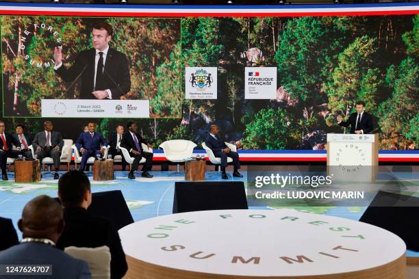 French President Emmanuel Macron delivers a speech during the One Forest Summit at the Presidential Palace in Libreville on March 2, 2023.