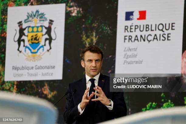 French President Emmanuel Macron delivers a speech during the One Forest Summit at the Presidential Palace in Libreville on March 2, 2023.