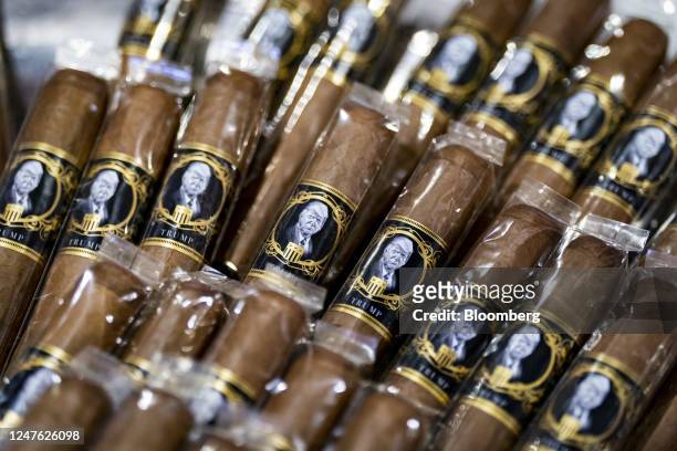 Cigars with an image of former US President Donald Trump during the Conservative Political Action Conference in National Harbor, Maryland, US, on...