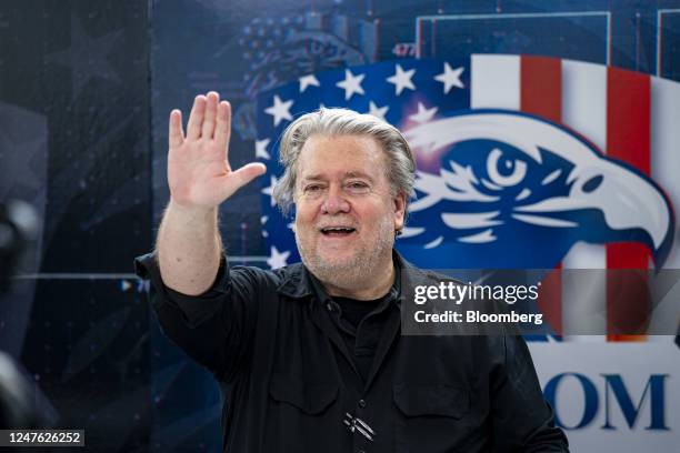 Steve Bannon, former adviser to Donald Trump, greets attendees during the Conservative Political Action Conference in National Harbor, Maryland, US,...