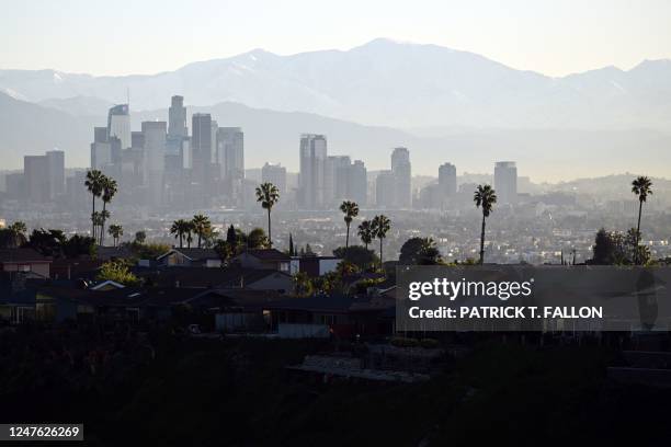 Palm trees stand above homes on the skyline in front of downtown Los Angeles after sunrise following heavy rain from winter storms, as seen from the...