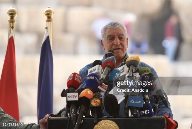 Former Minister of State for Antiquities Affairs of Egypt, Zahi Hawass speaks to the press after a new secret passage discovered at Great Pyramid of...