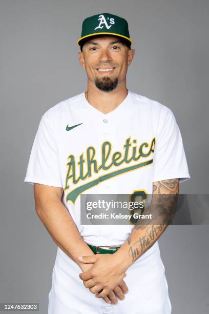 Jace Peterson of the Oakland Athletics poses for a photo during the Oakland Athletics Photo Day at Hohokam Stadium on Thursday, February 23, 2023 in...