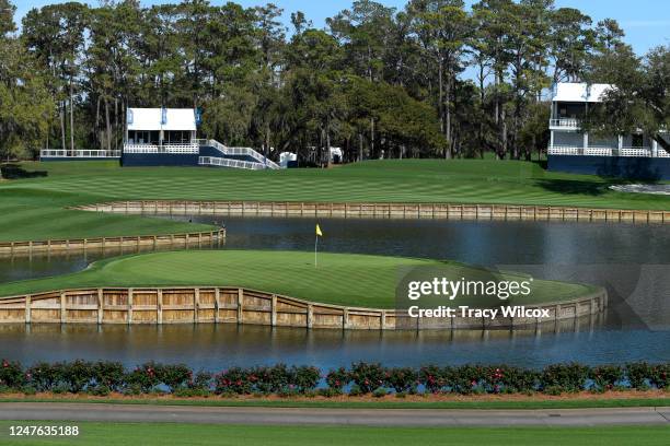 General view of the 17th green and hospitality prior to THE PLAYERS Championship at Stadium Course at TPC Sawgrass on February 24, 2023 in Ponte...