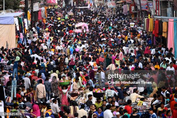 Huge crowd of shoppers gathered at Aminabad market ahead of Holi on March 2, 2023 in Lucknow, India.