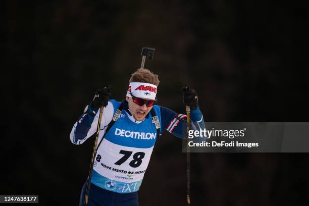 Joni Mustonen of Finland in action competes during the Men 10 km Sprint at the BMW IBU World Cup Biathlon Nove Mesto on March 2, 2022 in Nove Mesto...
