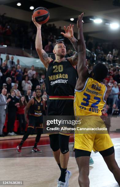 Donatas Motiejunas, #20 of AS Monaco in action during the 2022-23 Turkish Airlines EuroLeague Regular Season Round 26 game between AS Monaco and...