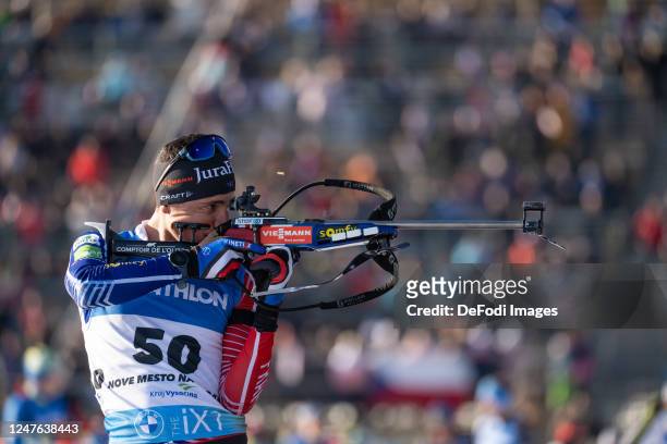 Quentin Fillon Maillet of France at the shooting range during the Men 10 km Sprint at the BMW IBU World Cup Biathlon Nove Mesto on March 2, 2022 in...