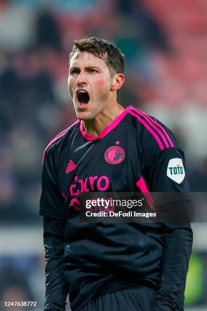 Santiago Gimenez of Feyenoord Rotterdam Celebrates after scoring his teams 0:1 goal during the Dutch Cup Quarter Final match between sc Heerenveen...