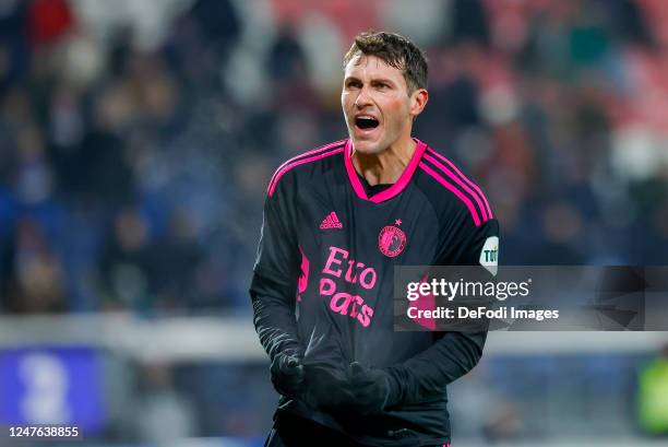 Santiago Gimenez of Feyenoord Rotterdam Celebrates after scoring his teams 0:1 goal during the Dutch Cup Quarter Final match between sc Heerenveen...