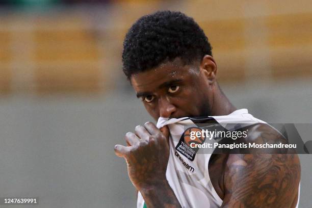 Dwayne Bacon, #24 of Panathinaikos Athens react during the 2022-23 Turkish Airlines EuroLeague Regular Season Round 26 game between Panathinaikos...