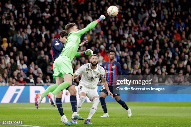Marcos Alonso of FC Barcelona, Marc Andre ter Stegen of FC Barcelona, Karim Benzema of Real Madrid during the Spanish Copa del Rey match between Real...