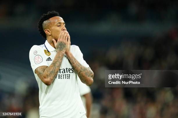 Eder Militao centre-back of Real Madrid and Brazil shooting to goal during the Copa del Rey semi-final first leg match between Real Madrid and FC...