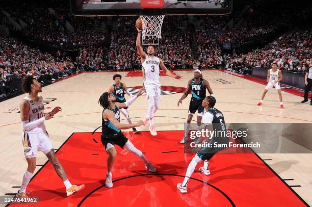 McCollum of the New Orleans Pelicans goes to the basket during the game on March 1, 2023 at the Moda Center Arena in Portland, Oregon. NOTE TO USER:...