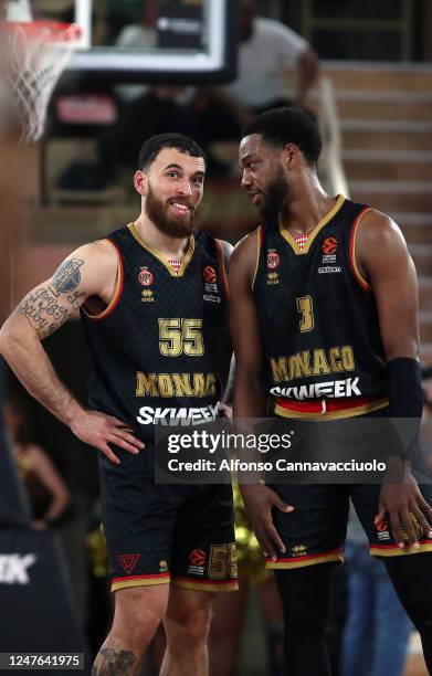 Mike James, #55 of AS Monaco and Jordan Loyd, #3 of AS Monaco during the 2022-23 Turkish Airlines EuroLeague Regular Season Round 26 game between AS...