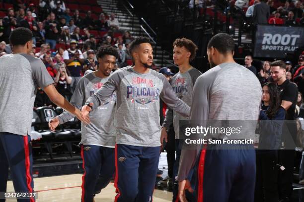 McCollum of the New Orleans Pelicans walks on to the court before the game on March 1, 2023 at the Moda Center Arena in Portland, Oregon. NOTE TO...