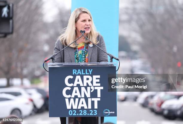 Liz Shuler, AFL-CIO speaks on stage as activists gather in DC to advocate for sweeping Federal Care Legislation on February 28, 2023 in Washington,...