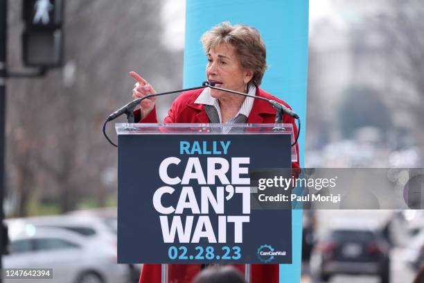 Representative Jan Schakowsky speaks on stage as activists gather in DC to advocate for sweeping Federal Care Legislation on February 28, 2023 in...