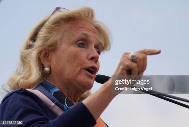 Representative Debbie Dingell speaks on stage as activists gather in DC to advocate for sweeping Federal Care Legislation on February 28, 2023 in...