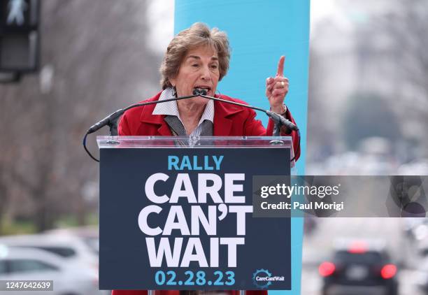 Representative Jan Schakowsky speaks on stage as activists gather in DC to advocate for sweeping Federal Care Legislation on February 28, 2023 in...