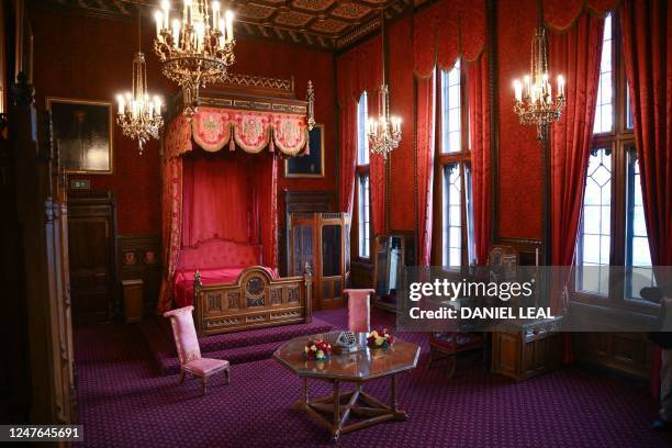 The State Bedroom, with its bed, is pictured at the Palace of Westminster in London on February 9, 2023. - Although a little larger than king size,...
