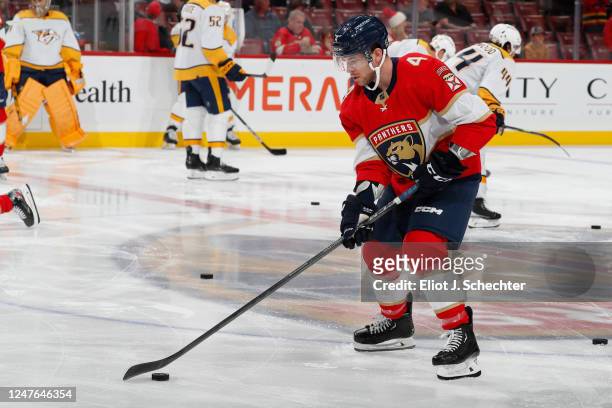 Casey Fitzgerald of the Florida Panthers warms up on the ice prior to the start of the game against the Nashville Predators at the FLA Live Arena on...
