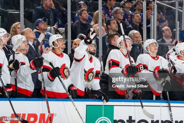 Derick Brassard of the Ottawa Senators acknowledges the fans during his return to the Garden and his 1,000th NHL game against the New York Rangers at...