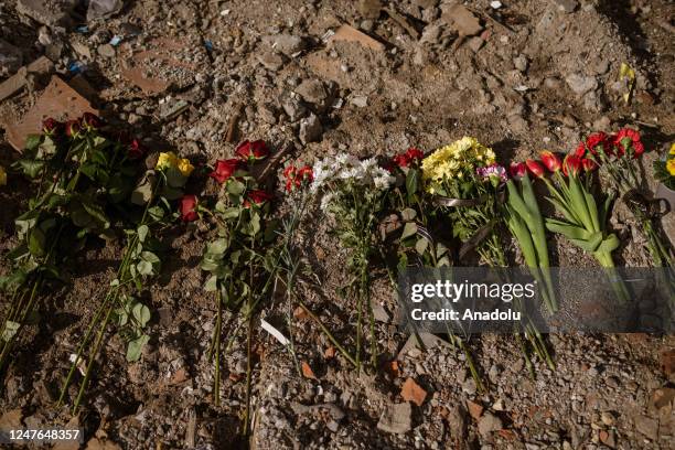 One year anniversary of the attack by Russian Air Force that destroyed a great part of the building in Central Street in Borodyanka, Ukraine on March...