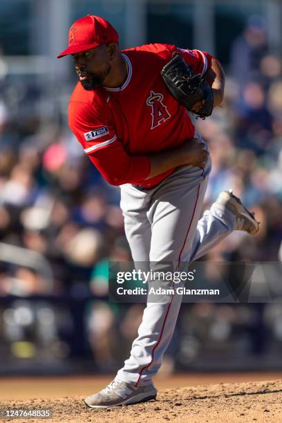 César Valdez of the Los Angeles Angels pitches during the game between the Los Angeles Angels and the Seattle Mariners at T-Mobile Park on Saturday,...