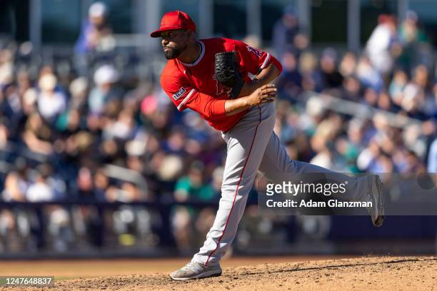 César Valdez of the Los Angeles Angels pitches during the game between the Los Angeles Angels and the Seattle Mariners at T-Mobile Park on Saturday,...