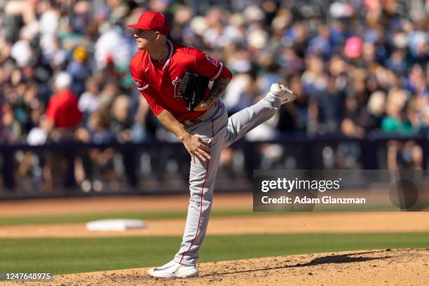 Chris Devenski of the Los Angeles Angels pitches during the game between the Los Angeles Angels and the Seattle Mariners at T-Mobile Park on...
