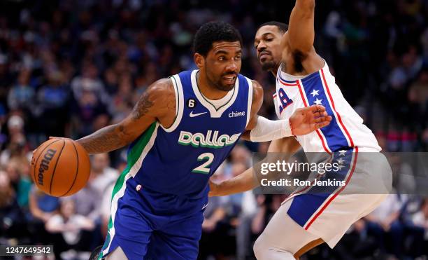 Kyrie Irving of the Dallas Mavericks drives to the basket against DeAnthony Melton of the Philadelphia 76ers in the second half at American Airlines...