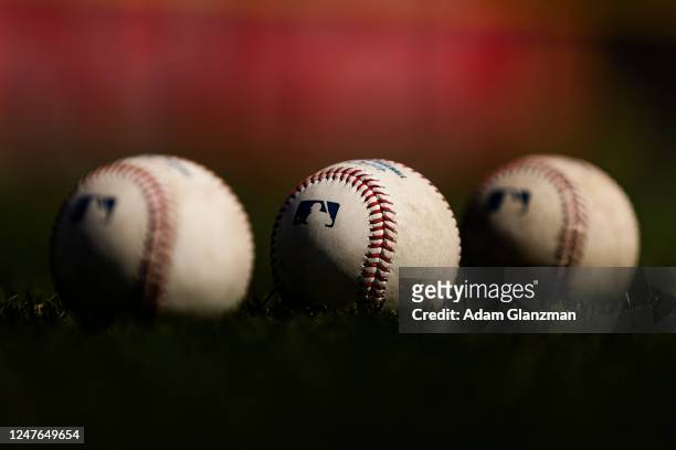 Detailed view of baseballs before the game between the Texas Rangers and the Cleveland Guardians at Progressive Field on Sunday, February 26, 2023 in...