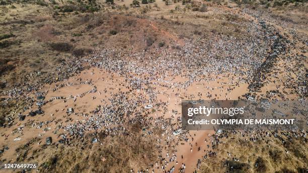 An aerial view of the thousands of people who came especially to attend the prayers and blessings of the healer Amsétou Nikiéma, nicknamed Adja, in...