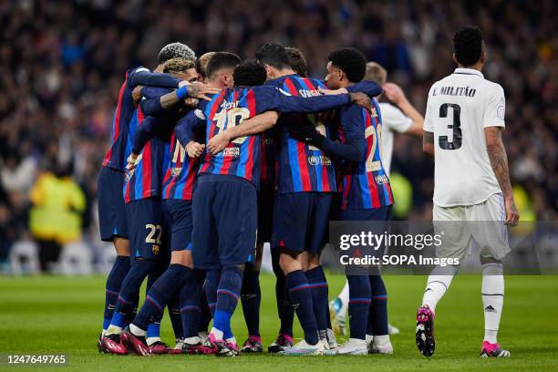 Players of FC Barcelona celebrate after scoring a goal during the Spanish football King's Cup semifinal match between Real Madrid CF and Fc Barcelona...