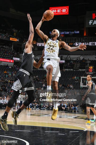 Isaiah Jackson of the Indiana Pacers goes to the basket during the game on March 2, 2023 at the AT&T Center in San Antonio, Texas. NOTE TO USER: User...