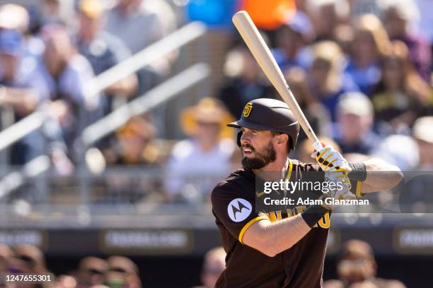 David Dahl of the San Diego Padres bats during the game between the Los Angeles Dodgers and the San Diego Padres at Petco Park on Monday, February...