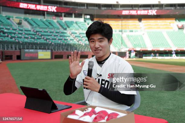 Pitcher Kim Jeong-Bin of SK Wyverns participates in an online fan meeting during the KBO League game between Samsung Lions and SK Wyverns at the...