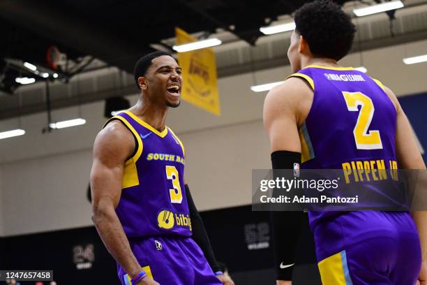 Shaquille Harrison of the South Bay Lakers reacts during the game against the Maine Celtics on March 02, 2023 at UCLA Heath Training Center in El...