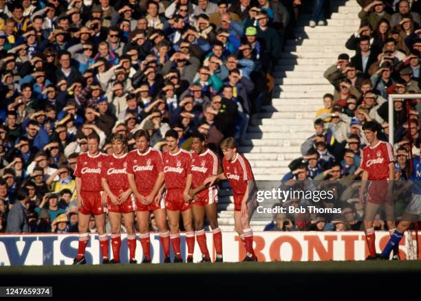 Liverpool line up to defend a free-kick during the FA Cup 5th Round tie between Liverpool and Everton at Anfield on February 17, 1991 in Liverpool,...