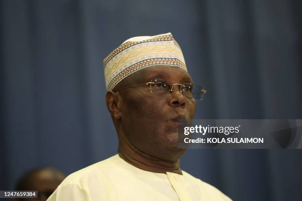 Nigerias Peoples Democratic Party Presidential Candidate, Atiku Abubakar, addresses a press briefing on the outcome of the 2023 Nigeria General...