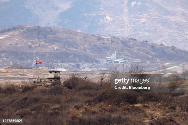 North Korean flag flies at a military check point, from the truce village of Panmunjom in the Demilitarized Zone in Paju, South Korea, on Friday,...