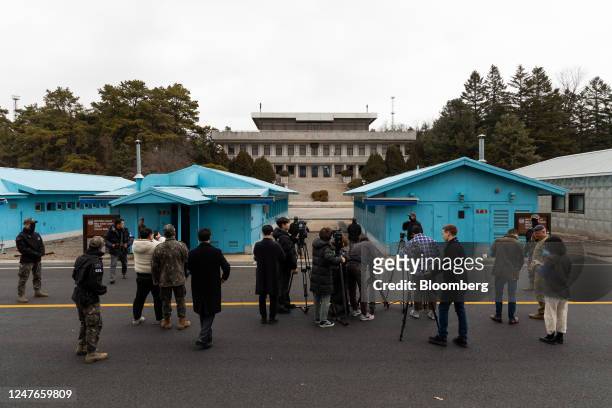 Members of media outside the United Nations Command Military Armistice Commission conference buildings at the truce village of Panmunjom in the...