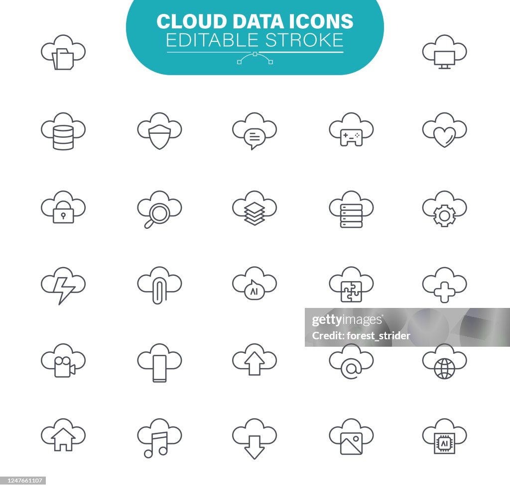 Icone dei dati cloud. Set contiene icone come Cloud Storage, Cloud Computing, Equipment, Outline Illustration