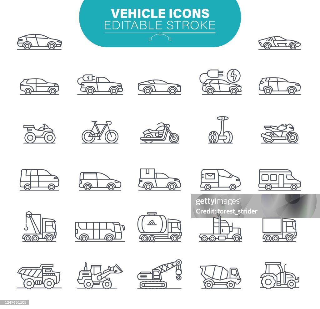 Vehicle Icons. Set contains symbol as Transportation, Car, Pick-up Truck, Smart Cars, Autonomous Cars, Illustration