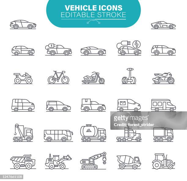 vehicle icons. set contains symbol as transportation, car, pick-up truck, smart cars, autonomous cars, illustration - bus stock illustrations